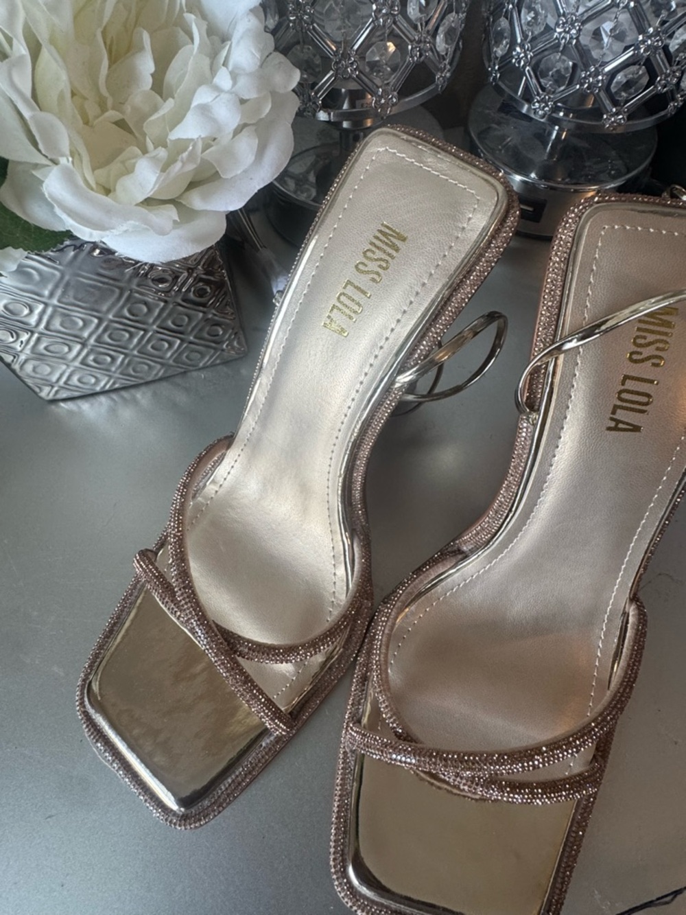 Miss Lola Metallic Rose Gold Strappy Square-Toe Heel